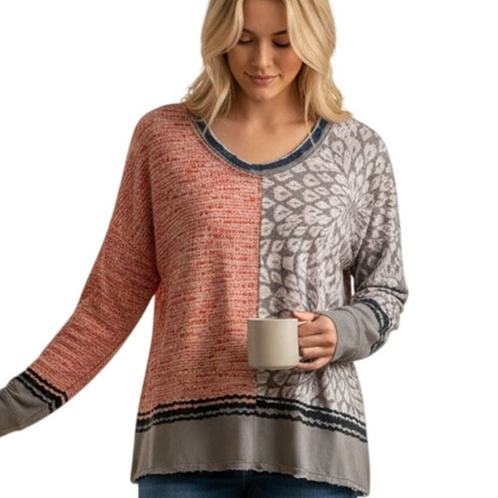 David Cline Mixed Print Top Womens Large Multicolor Long Sleeve Casual Tee